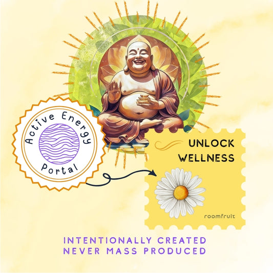 Circular design of wellness Buddha painting showcasing therapeutic buddha art and happy vibes.