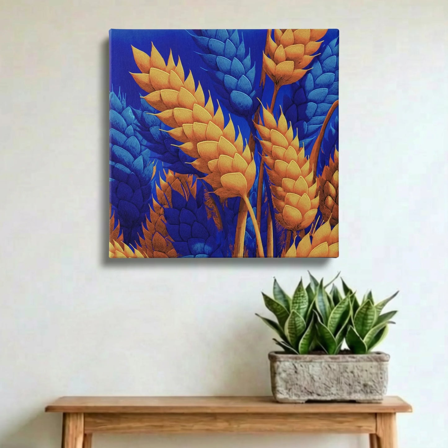 Abundance wall art for living room, wheat canvas above brown leather sofa with timber side table and dried florals