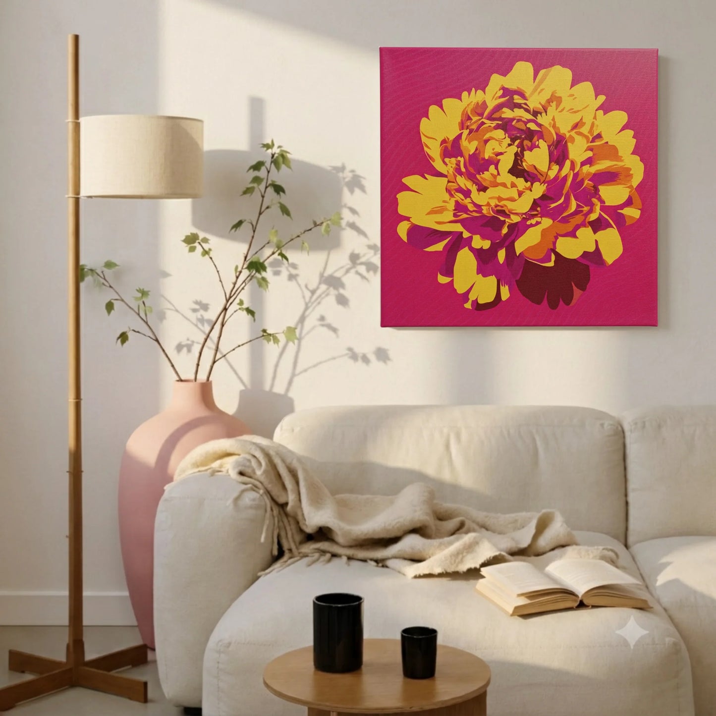 Art that makes you feel alive, peony canvas in living room with linen sofa, wooden floor lamp, and warm textures