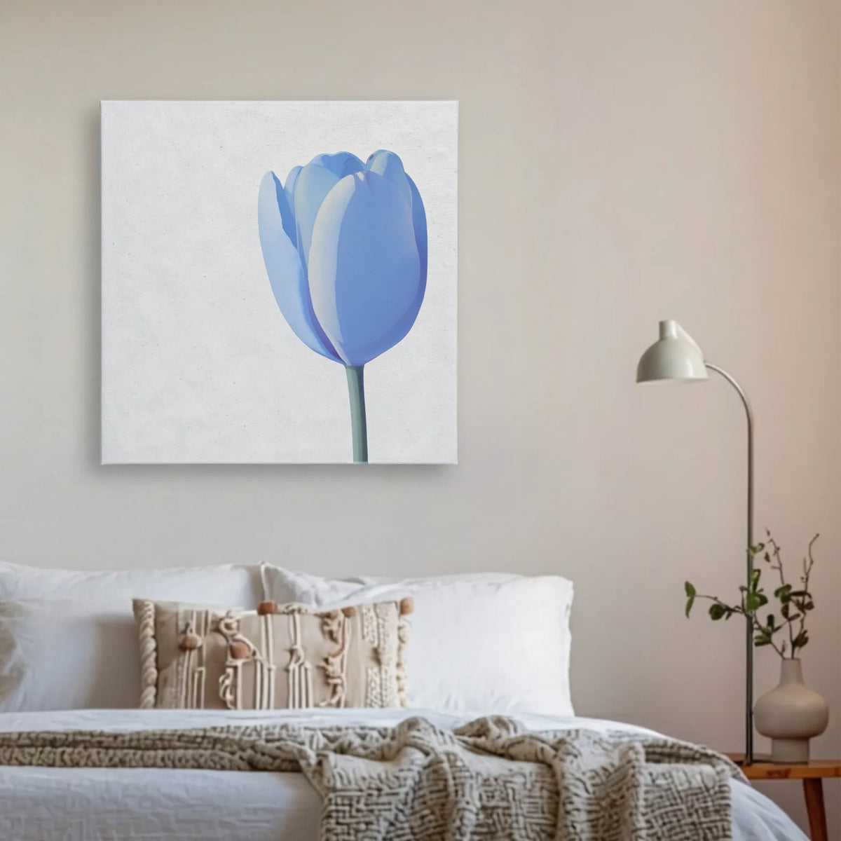 Bedroom wall art: LINGER Tulip canvas hung above the bed