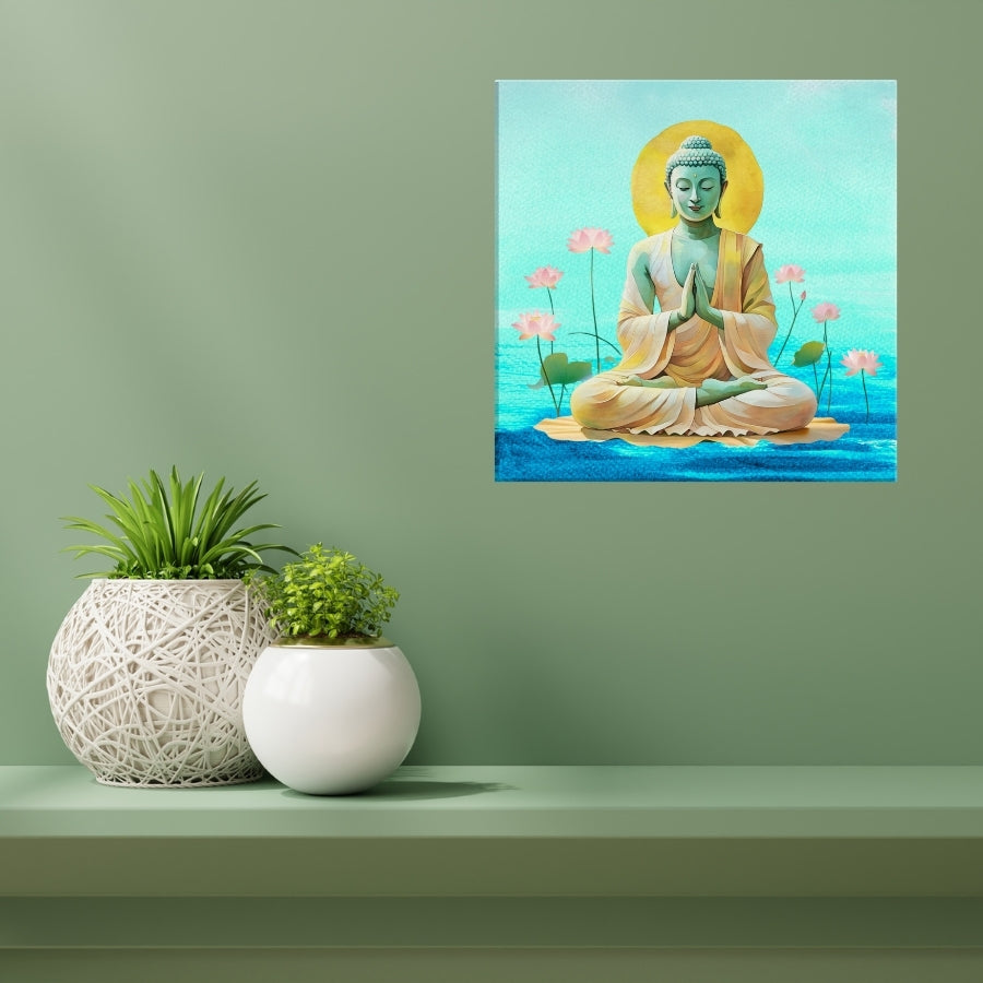 Meditation wellness art in modern room adds vastu Buddha art and serene ambiance.