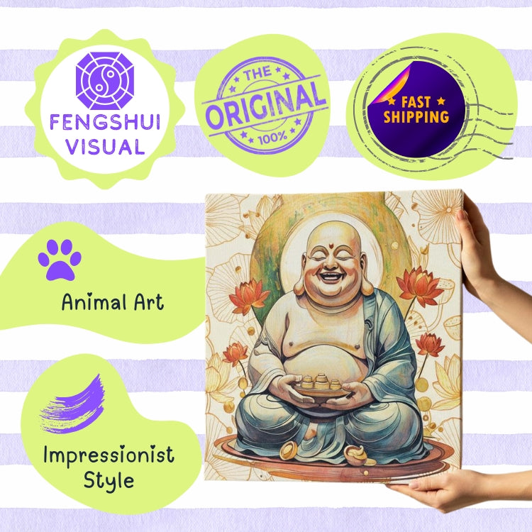features of prosperity Buddha canvas with authentic quality for laughing Buddha wealth art and abundance.