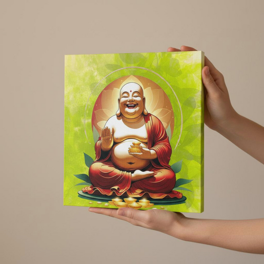 Close-up of happy Buddha wall decor highlighting joyful details and healing artwork.