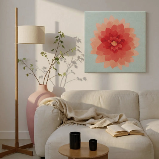 Calming wall art for living room, dahlia canvas with tan leather sofa, glass vase, and warm timber furniture