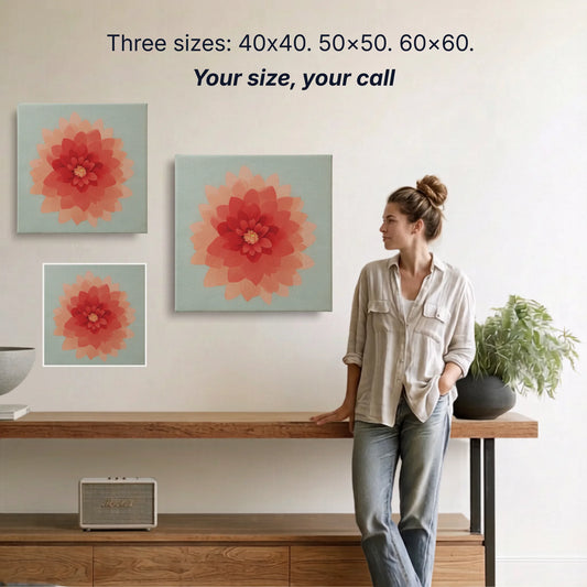 Dahlia canvas wall art two sizes 50x50cm and 60x60cm shown to scale, small wall art option available