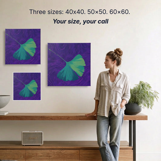 Ginkgo canvas wall art two sizes 50x50cm and 60x60cm shown to scale, small wall art option available