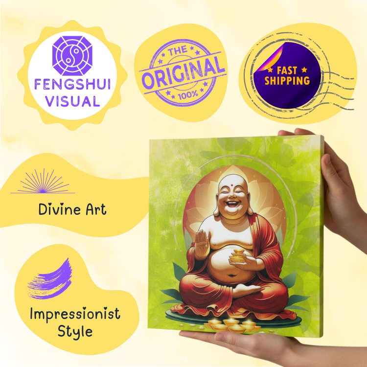 features of laughing Buddha canvas art with authentic quality for therapeutic buddha art.