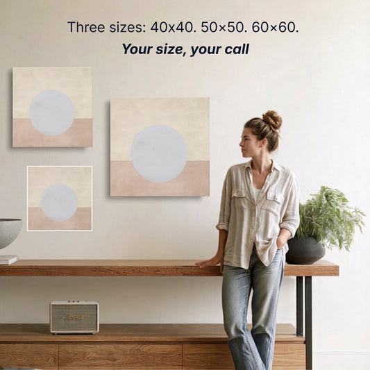 Moon canvas wall art two sizes 50x50cm and 60x60cm shown to scale, small wall art option available