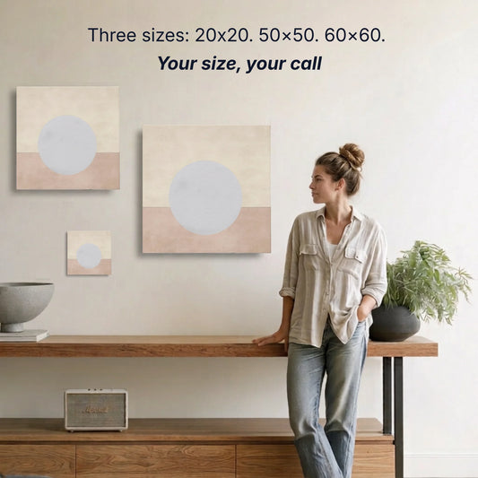 Moon canvas wall art two sizes 50x50cm and 60x60cm shown to scale, small wall art option available
