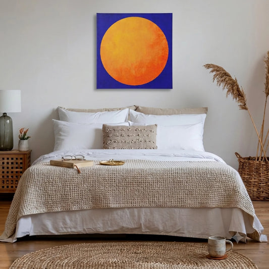 Morning motivation wall art for bedroom, sun canvas above bed with neutral linen bedding and warm bedside lamp
