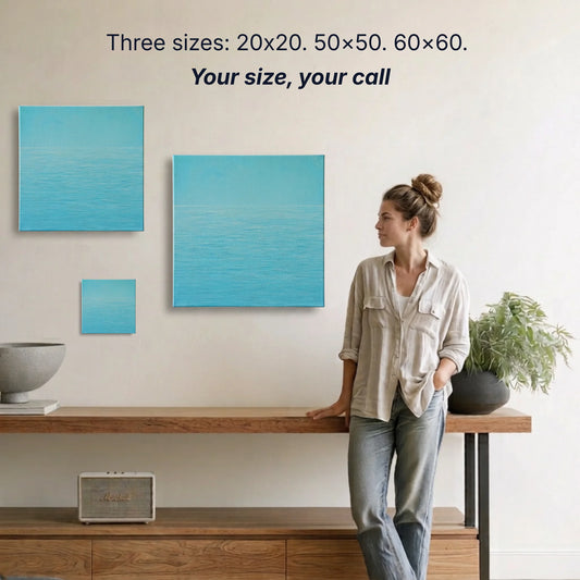 Ocean canvas wall art two sizes 50x50cm and 60x60cm shown to scale, small wall art option available