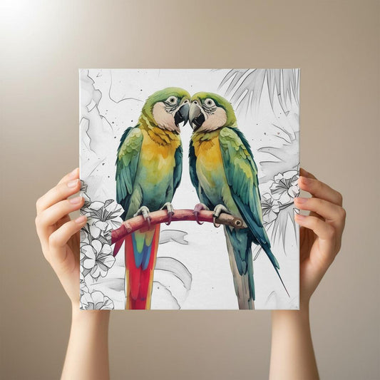 Close-up of vibrant parrot canvas highlighting tropical birds art and detailed love symbols.