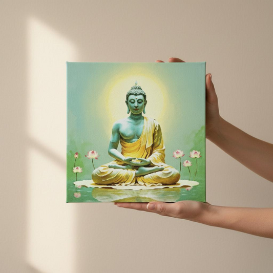 Close-up of Dhyana Buddha canvas, showcasing spiritual peace paintings.