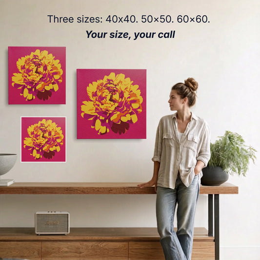 Peony canvas wall art two sizes 50x50cm and 60x60cm shown to scale, small wall art option available