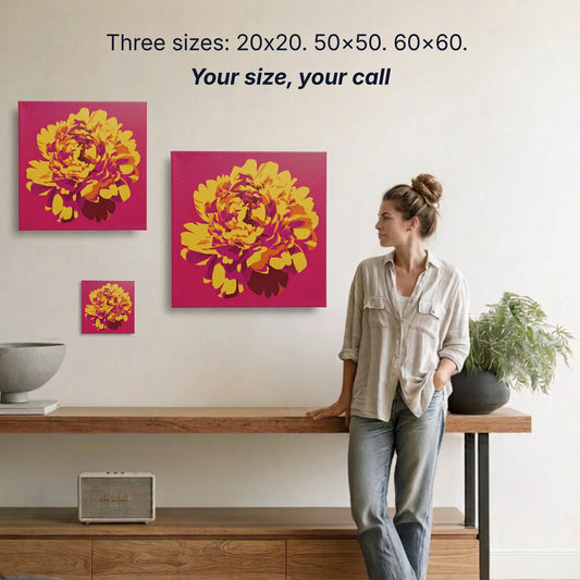 Peony canvas wall art two sizes 50x50cm and 60x60cm shown to scale, small wall art option available