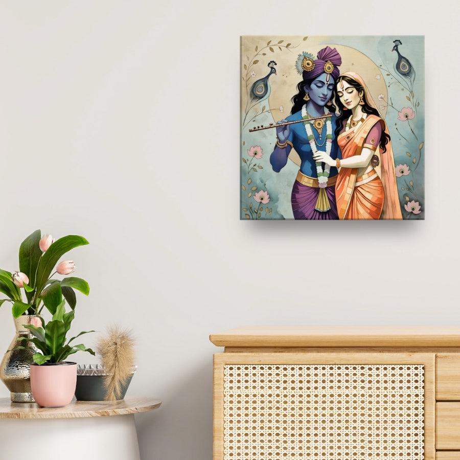 Devotional wall decor featuring divine Radha Krishna art for calm, mindful interiors.