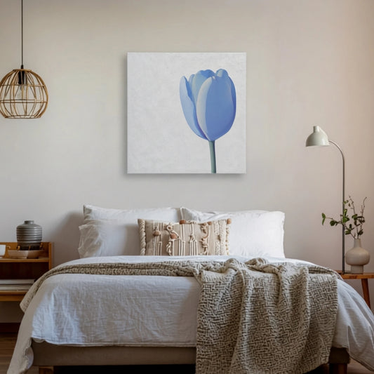 Relaxing wall art for bedroom, tulip canvas above bed with textured throw and warm natural light