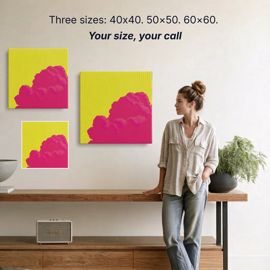 Sky canvas wall art two sizes 50x50cm and 60x60cm shown to scale, small wall art option available