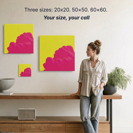Sky canvas wall art two sizes 50x50cm and 60x60cm shown to scale, small wall art option available