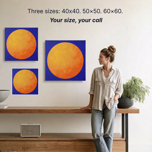 Sun canvas wall art two sizes 50x50cm and 60x60cm shown to scale, small wall art option available