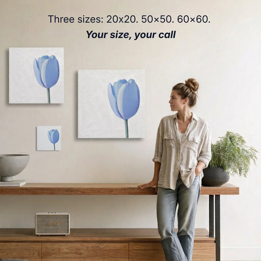 Tulip canvas wall art two sizes 50x50cm and 60x60cm shown to scale, small wall art option available