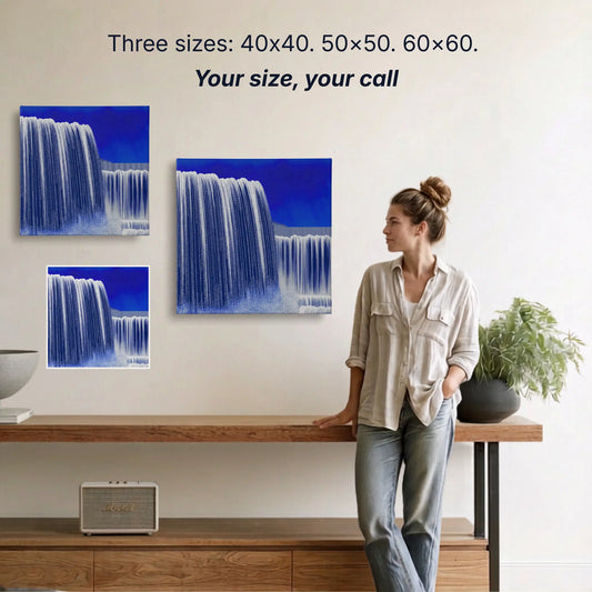 Waterfall canvas wall art two sizes 50x50cm and 60x60cm shown to scale, small wall art option available