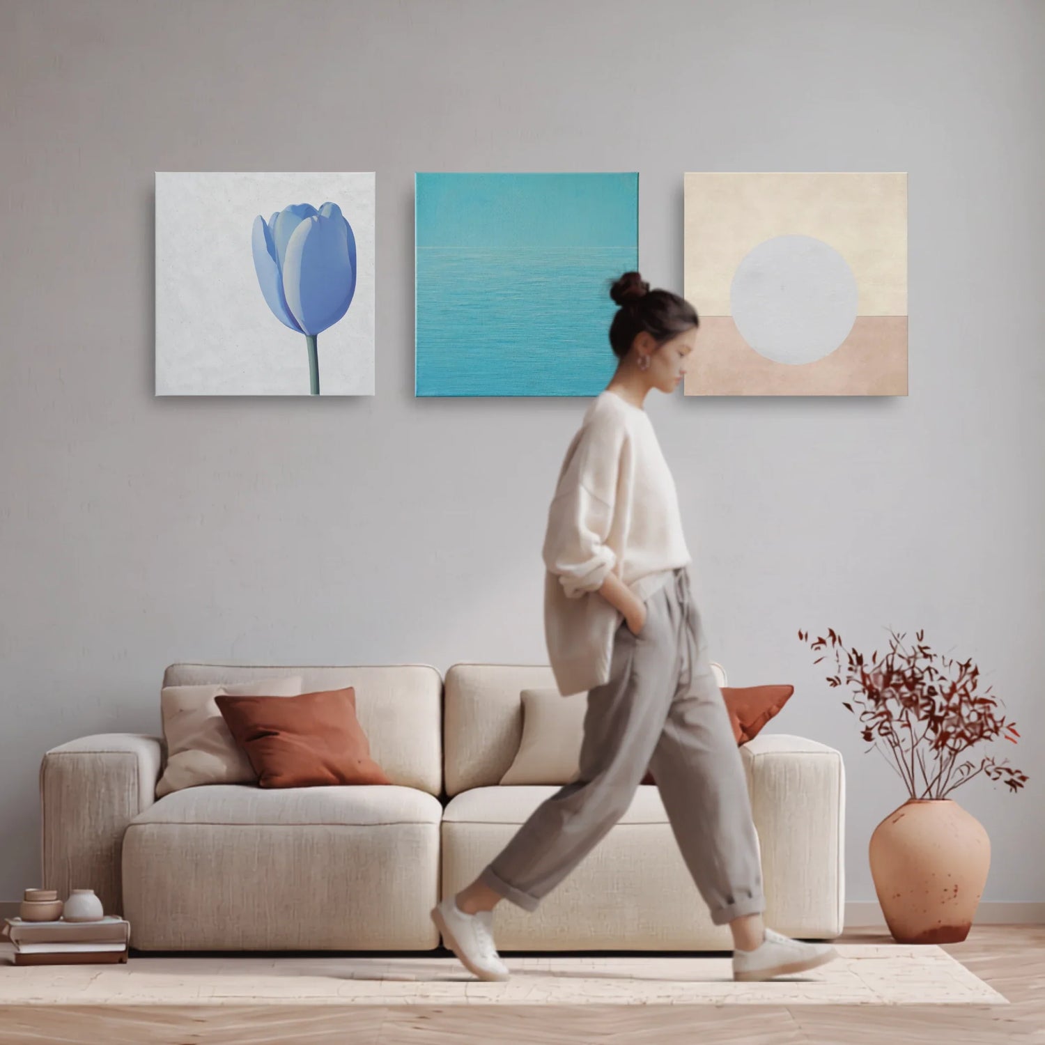 Canvas wall art set of three, STILL collection by RoomFruit, tulip water and moon in calm living room, art for slowing down