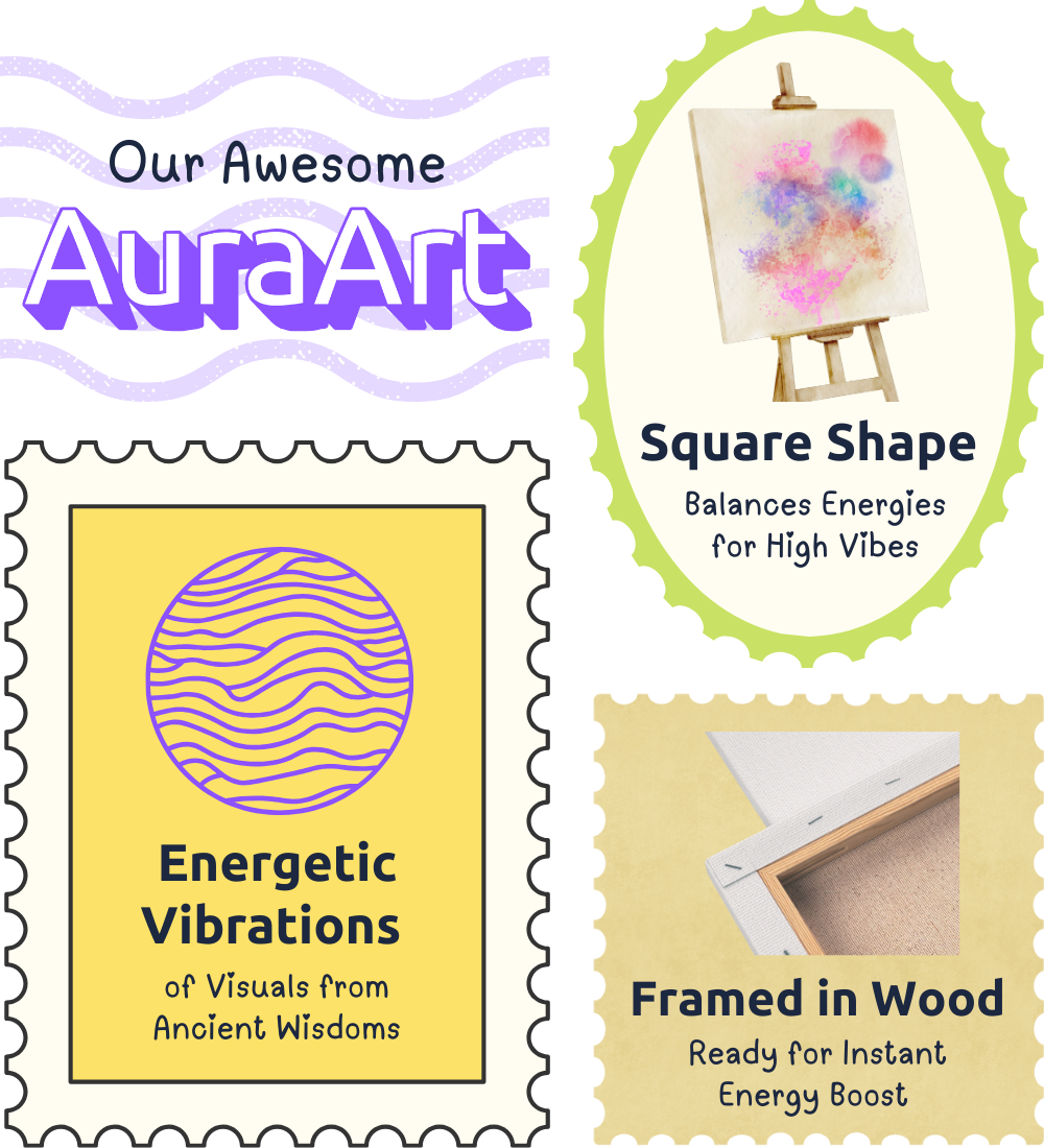 AuraArt product with a square shape, framed in wood, and energetic vibrations theme.