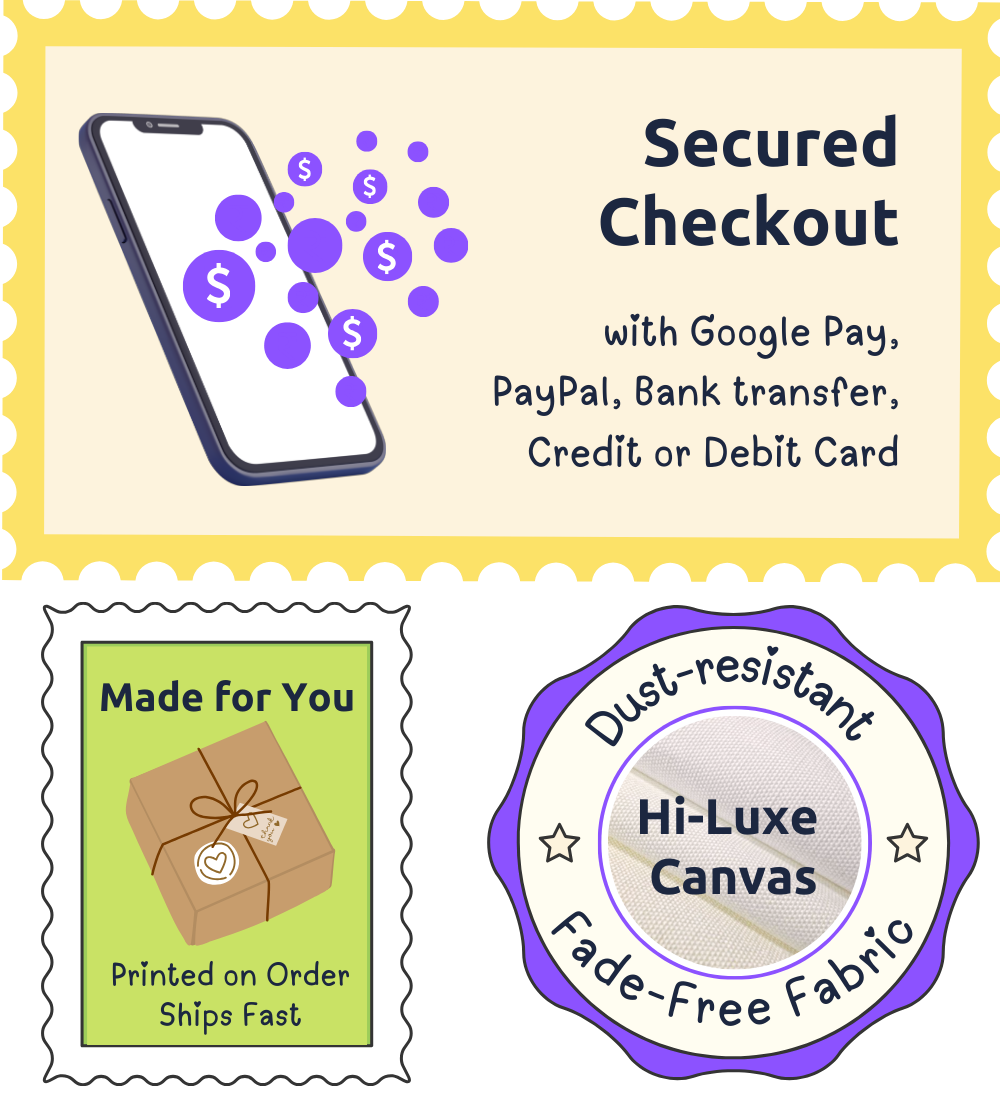 Promotional graphic for a product with features like 'Secured Checkout' and 'Hi-Luxe Canvas'.