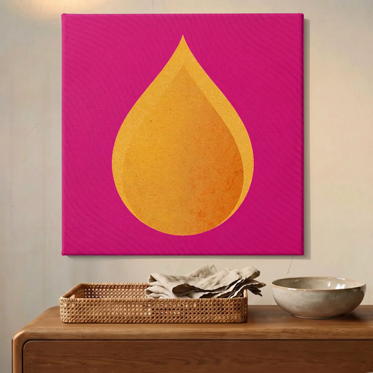 Pink and orange single flame abstract canvas wall art, RESTORE Fire, on a wall at home