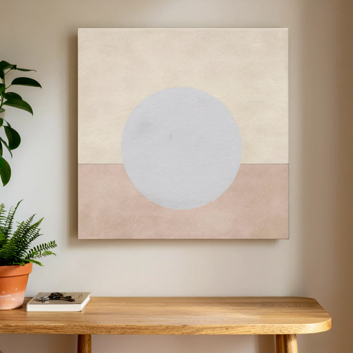 Neutral beige and grey full moon over a soft horizon abstract canvas wall art, ENOUGH Moon, on a wall at home