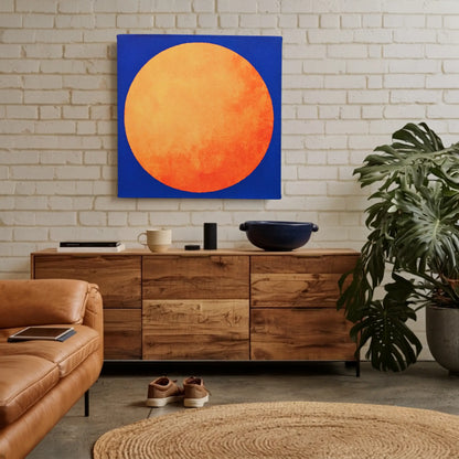 Orange and blue abstract canvas wall art, RISE Sun, in a living room