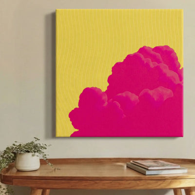 Pink and yellow cloud rising through a yellow sky abstract canvas wall art, FREE Sky, on a wall at home