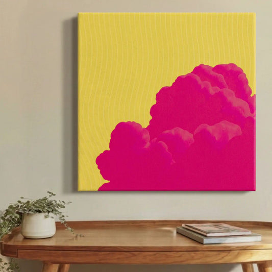 Pink and yellow cloud rising through a yellow sky abstract canvas wall art, FREE Sky, on a wall at home