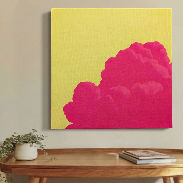 Pink and yellow cloud rising through a yellow sky abstract canvas wall art, FREE Sky, on a wall at home