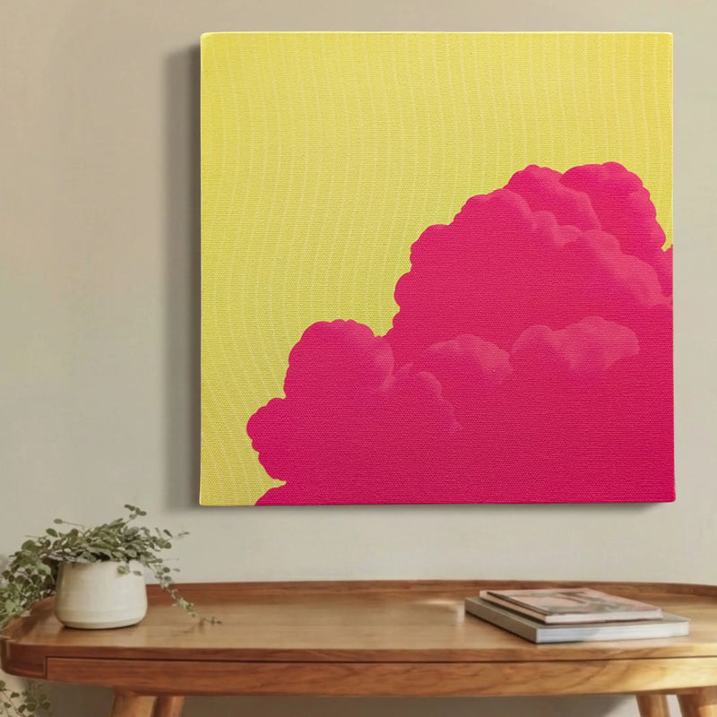 Pink and yellow cloud rising through a yellow sky abstract canvas wall art, FREE Sky, on a wall at home