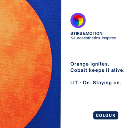 Close-up of burnt orange and deep cobalt on RISE Sun, abstract wall art canvas
