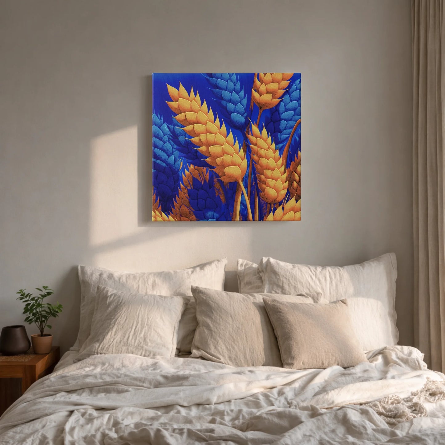 Abundance wall art for bedroom, wheat canvas above bed with neutral linen bedding and brass floor lamp