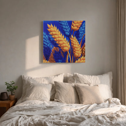 Abundance wall art for bedroom, wheat canvas above bed with neutral linen bedding and brass floor lamp