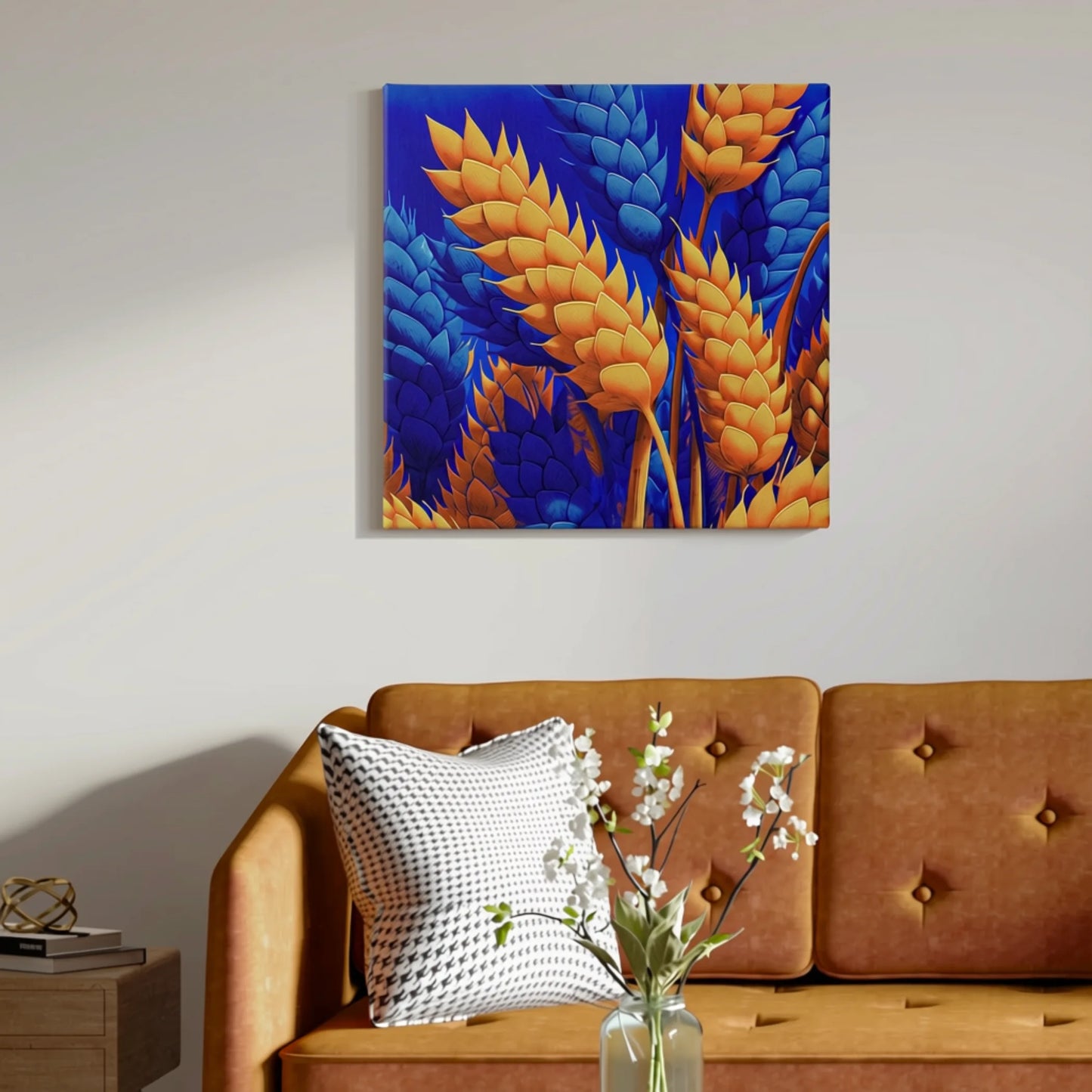 Abundance wall art for living room, wheat canvas above brown leather sofa with timber side table and dried florals