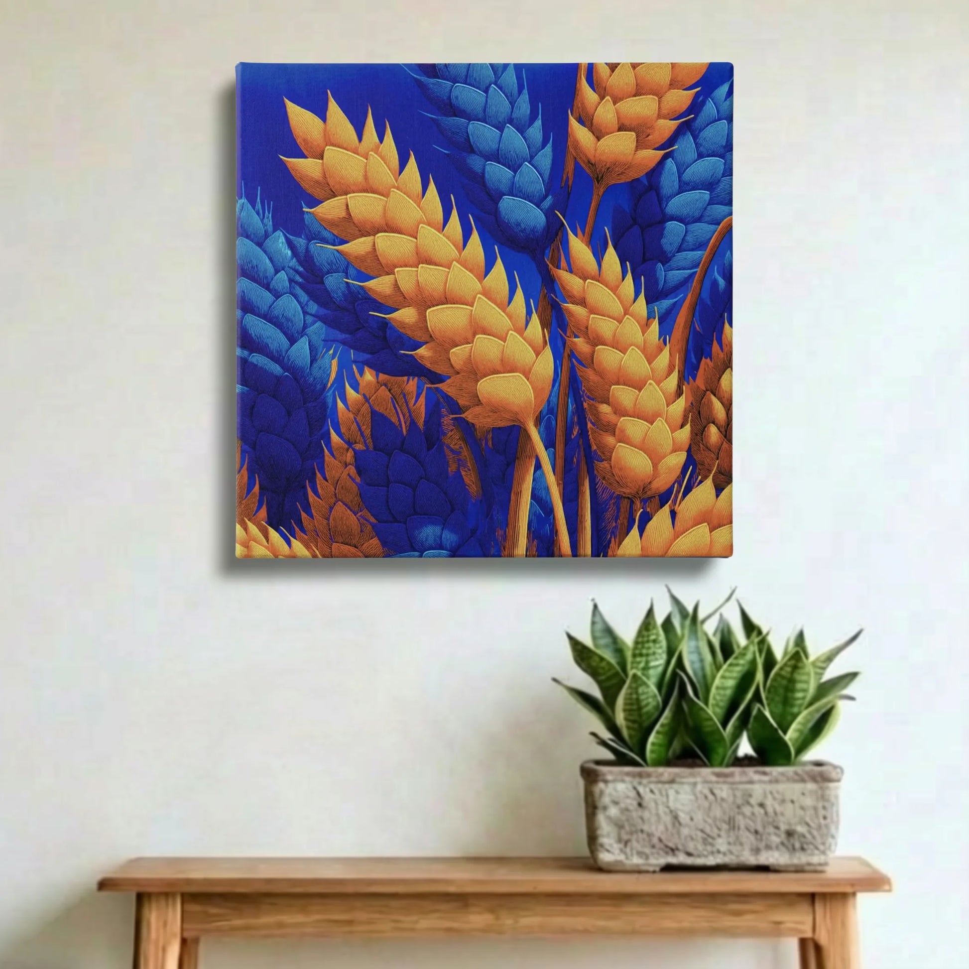Abundance wall art for living room, wheat canvas above brown leather sofa with timber side table and dried florals