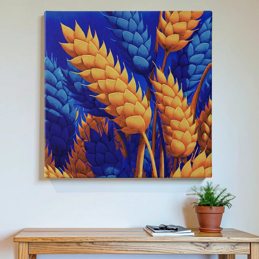 Abundance wall art wheat field canvas printed in Australia, golden wheat sheaves on cobalt blue square canvas, ready to hang by RoomFruit