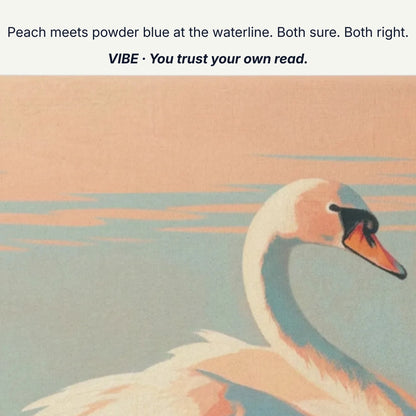 Art for self love, peach meets powder blue at the waterline, both sure both right, swan canvas detail by RoomFruit