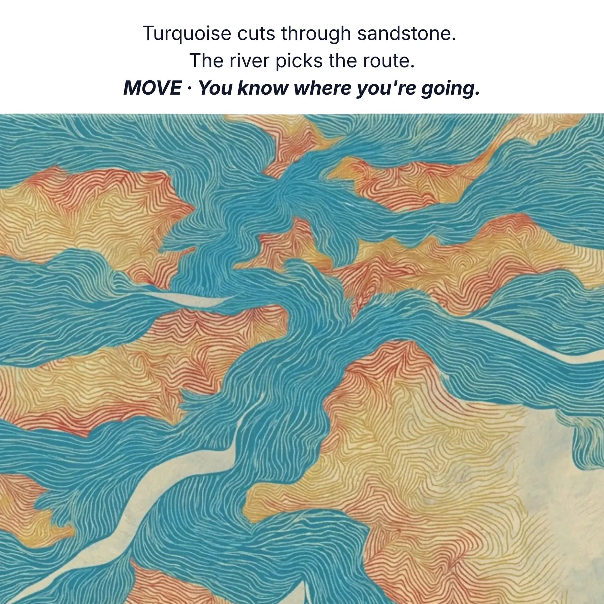 Art that gives you direction, turquoise cuts through sandstone, the river picks the route, river map canvas detail by RoomFruit