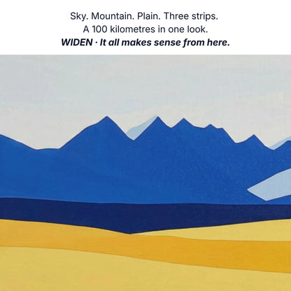 Art that gives you perspective, blue distance gold foreground, everything where you can see it, mountain canvas detail by RoomFruit