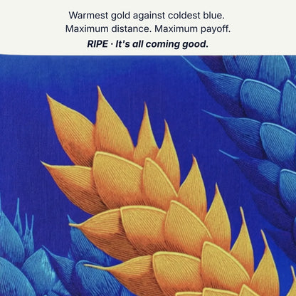 Art that makes you feel abundant, warmest gold against coldest blue, maximum distance maximum payoff, wheat canvas detail by RoomFruit