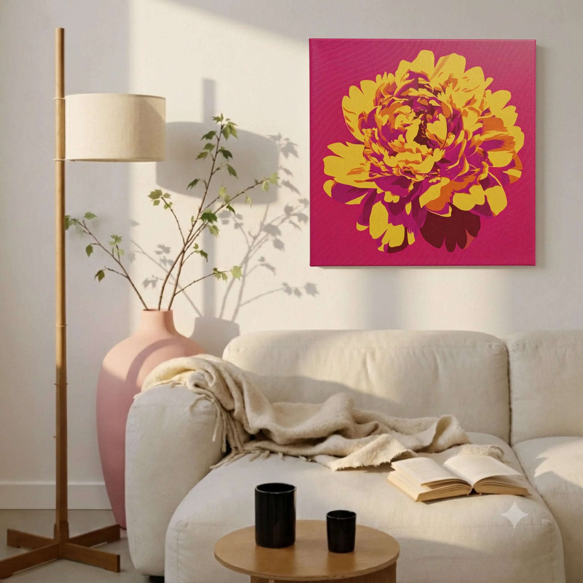 Art that makes you feel alive, peony canvas in living room with linen sofa, wooden floor lamp, and warm textures