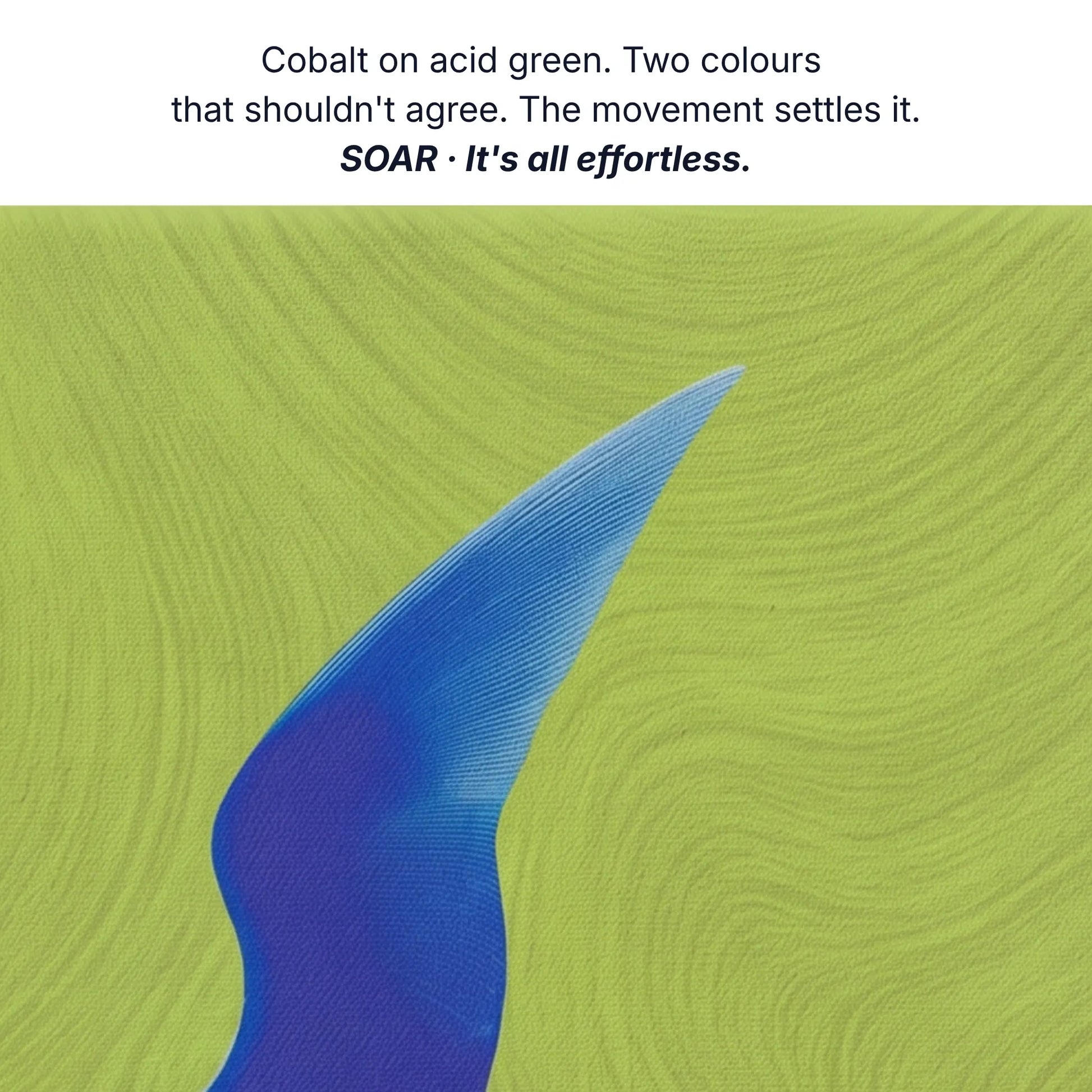 Art that makes you feel free, cobalt on acid green, two colours that shouldn't agree, the movement settles it, bird canvas detail by RoomFruit