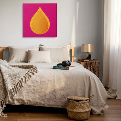 Art to recharge, fire drop canvas in bedroom with pale blue wall and neutral linen bedding