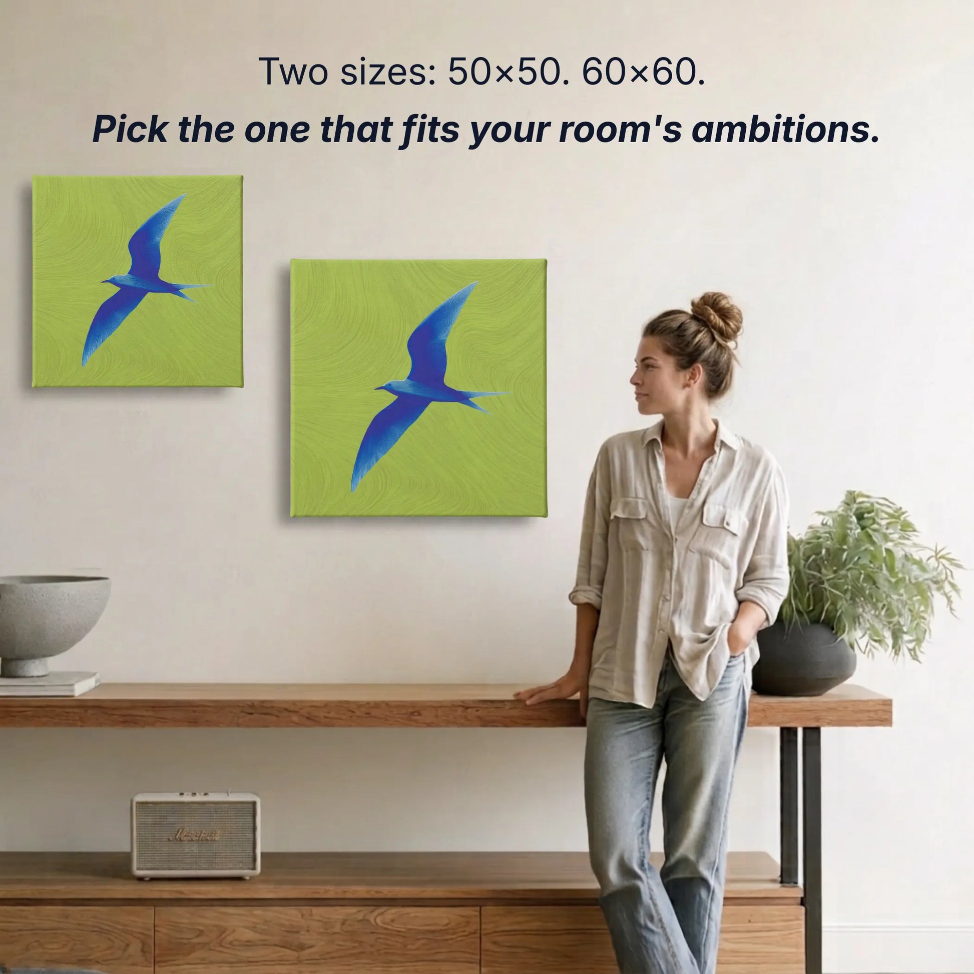 Bird canvas wall art two sizes 50x50cm and 60x60cm shown to scale, small wall art option available